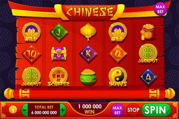 Kompletny interfejs użytkownika dla gier slotowych Chinesethemed Casino Game Set z 12 symboli slotów Interfejs grawczy jest w stylu kreskówki z podstawowymi przyciskami do swoich projektów