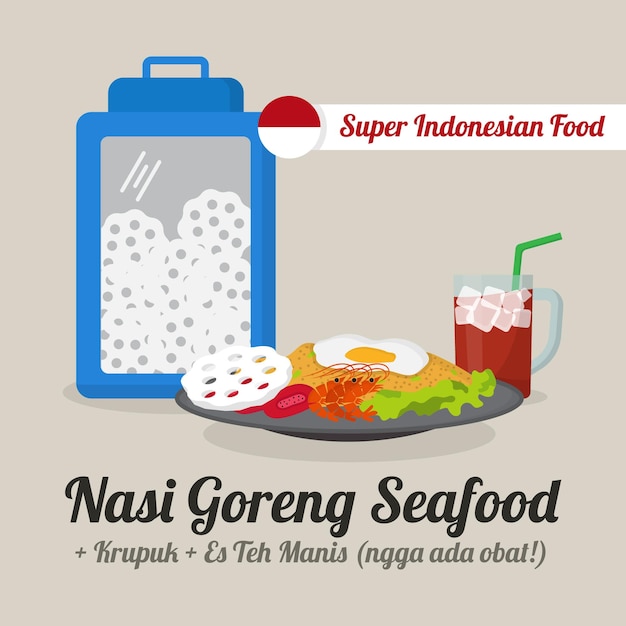 Kompletny pakiet Nasi Goreng z krupuk z owoców morza i es teh manis - indonezyjskie jedzenie