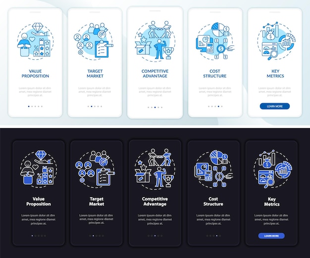 Komponenty struktury biznesowej — dołączanie do ekranu strony aplikacji mobilnej. Opis firmy 5 kroków instrukcje graficzne z koncepcjami. Szablon wektorowy UI, UX, GUI z ilustracjami w trybie nocnym i dziennym