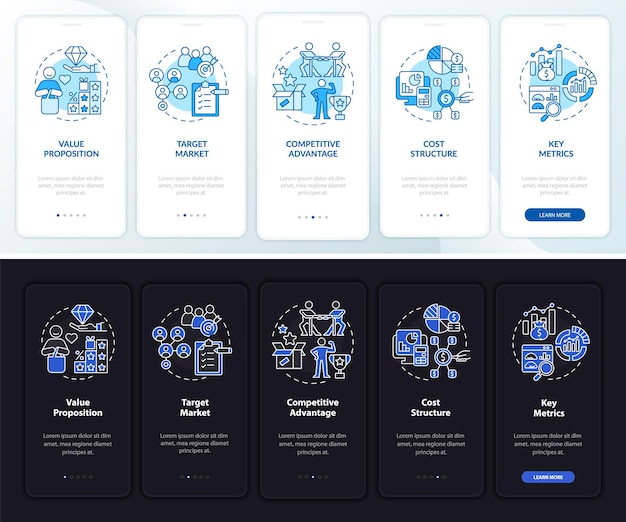 Komponenty Struktury Biznesowej — Dołączanie Do Ekranu Strony Aplikacji Mobilnej. Opis Firmy 5 Kroków Instrukcje Graficzne Z Koncepcjami. Szablon Wektorowy Ui, Ux, Gui Z Ilustracjami W Trybie Nocnym I Dziennym