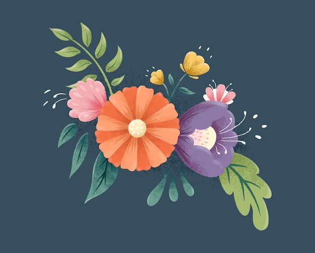 Kompozycja bukietu kolorowych kwiatów Kwiatowa ilustracja liści i pąków Kompozycja botaniczna