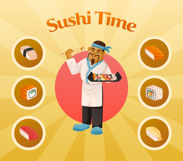 Plik wektorowy kompozycja kreskówka czas sushi