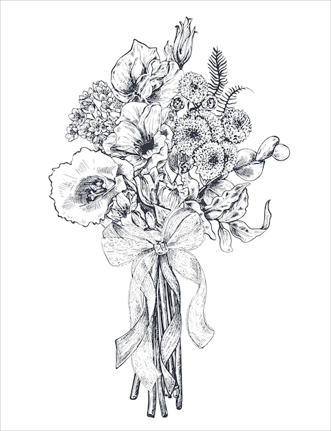 Plik wektorowy kompozycja kwiatowa bradal bukiet z pięknymi, ręcznie rysowanymi kwiatami roślin wstążką monochromatyczna ilustracja wektorowa w stylu szkicu