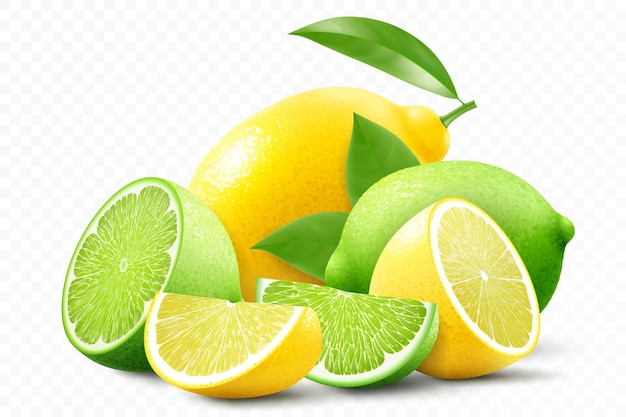 Kompozycja limonki i cytryny Świeże owoce cytrusowe Całe połówki i plastry owoców Realistyczna ilustracja wektora 3d
