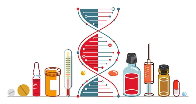 Kompozycja Medyczna Oparta Na Nici Dna Z Mnóstwem Różnych Leków I Ilustracji Wektorowych Meds Na Białym Tle, Apteka Lub Badania Naukowe Z Biotechnologii Medycznej.