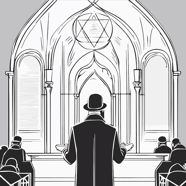 Plik wektorowy kompozycja postaci z kreskówek żydów z płaskimi obrazami wnętrza świątyni synagogi z ilustracją wektorową ludzkiej postaci rabina, koncepcja świąt żydowskich