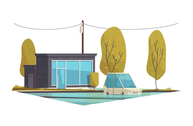 Plik wektorowy kompozycja projektu domu z zewnętrzną scenerią z drzewami i obrazem fasady domu mieszkalnego płaskiej izolowanej ilustracji wektorowych
