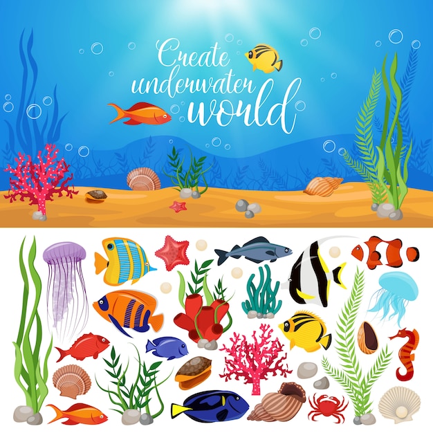 Kompozycja Roślin Morskich Zwierząt Z Podwodnym Zestawem I Tytułem Podwodnego życia Morskiego Tworzy Podwodny świat