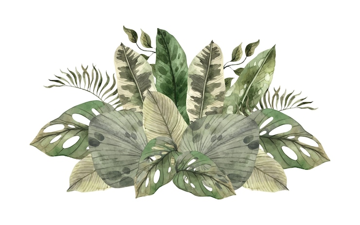 Wektor kompozycja różnych liści tropikalnych monstera fan palma calathea liście bananowe i inne ilustracja akwarelowa ręcznie narysowana na izolowanym tle botaniczny egzotyczny liść do różnych wzorów