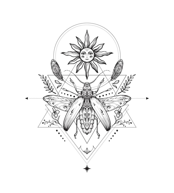 Kompozycja wektorowa czarnych i białych roślin motylowych elementy astrologii i świętej geometrii wyizolowane na białym tle mistyczne symbole i owady
