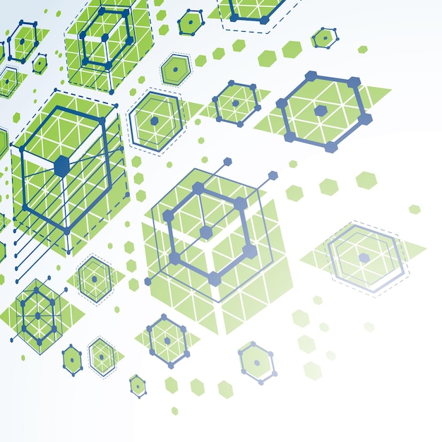 Kompozycja Wymiarowa Bauhausu, Perspektywiczna Zielona Modułowa Tapeta Wektorowa Z Plastrami Miodu. Wzór W Stylu Retro, Tło Graficzne Do Wykorzystania Jako Szablon Okładki Broszury.