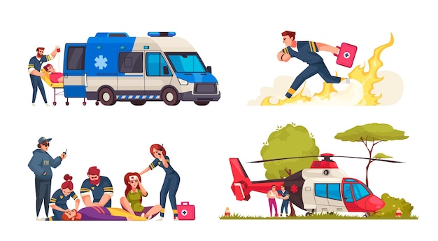 Kompozycje z kreskówek awaryjnych ustawione ze szpitalnymi ratownikami na białym tle ilustracji wektorowych