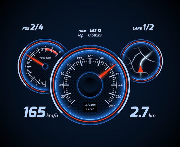 Plik wektorowy komputer wyścigowy i interfejs deski rozdzielczej gry na smartfona