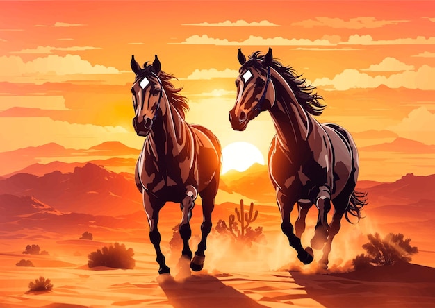 Plik wektorowy koń biegnie po pustyni z zachodem słońca w tle