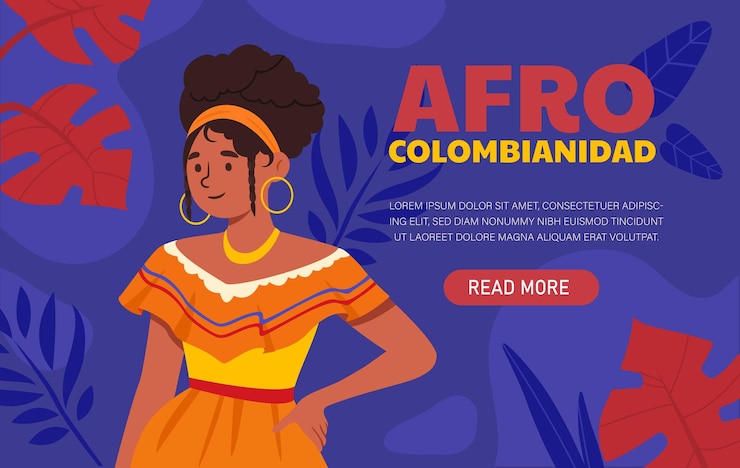 Wektor koncepcja afro kolumbijskiej kobiety w pomarańczowych ubraniach z tradycyjnymi wzorami i ozdobami kultura i historia ludów afrykańskich plakat lub baner na stronę internetową ilustracja kreskówka płaski wektor