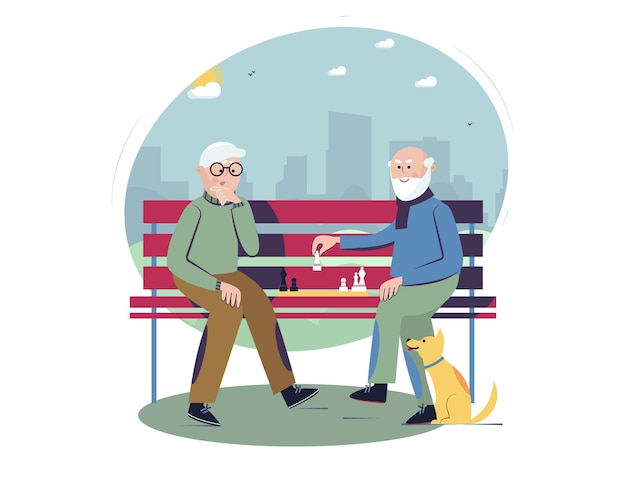 Koncepcja Aktywnego Stylu życia Seniorów Starsi Mężczyźni Grają W Szachy Na ławce W Parku