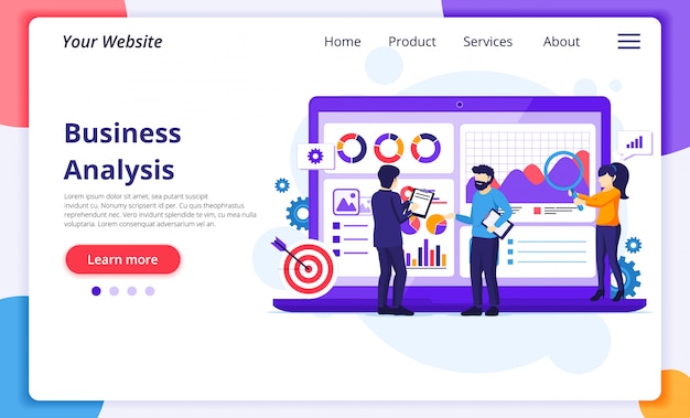 Koncepcja Analizy Biznesowej, Ludzie Pracują Z Wizualizacją Danych Przed Dużym Laptopem. Szablon Strony Docelowej Witryny
