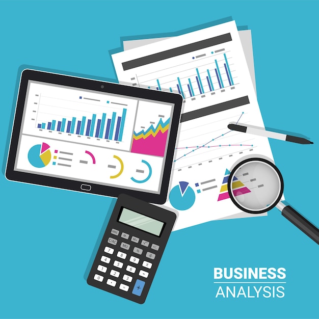 Koncepcja analizy raportu biznesowego z symbolem tabletu, kalkulatora i lupy