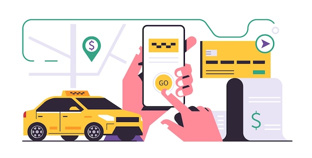 Koncepcja Aplikacji Mobilnej Zamawiania Taksówki Ręka Trzymająca Telefon Z Rezerwacją Taksówki Na Wyświetlaczu Pomyślna Płatność Online Za Podróż Za Pośrednictwem Aplikacji Mobilnej Ilustracja Wektorowa Płaski