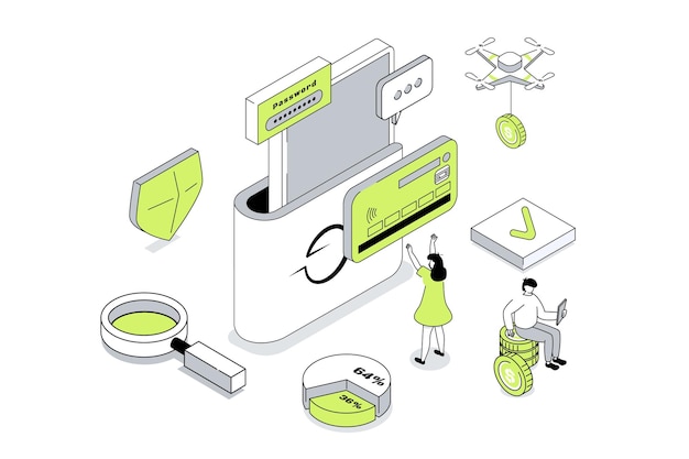 Koncepcja aplikacji portfela mobilnego w projekcie izometrycznym 3D Klienci zarządzający osobistymi finansowymi kartami kredytowymi i kontami w bankowości internetowej Ilustracja wektorowa ze sceną ludzi w izometrii dla grafiki internetowej