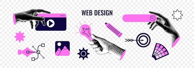 Wektor koncepcja banera kolażowego do projektowania stron internetowych lub aplikacji z półtonowymi rękami pracującymi na ui ux lub mobil
