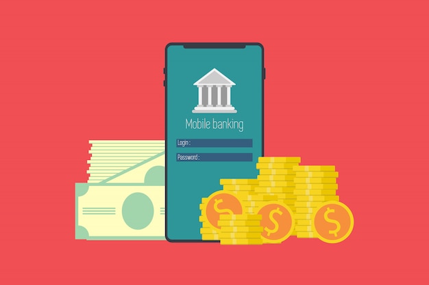 Koncepcja bankowości mobilnej. transakcje pieniężne, technologia, biznes, bankowość mobilna i płatności mobilne. płaska konstrukcja