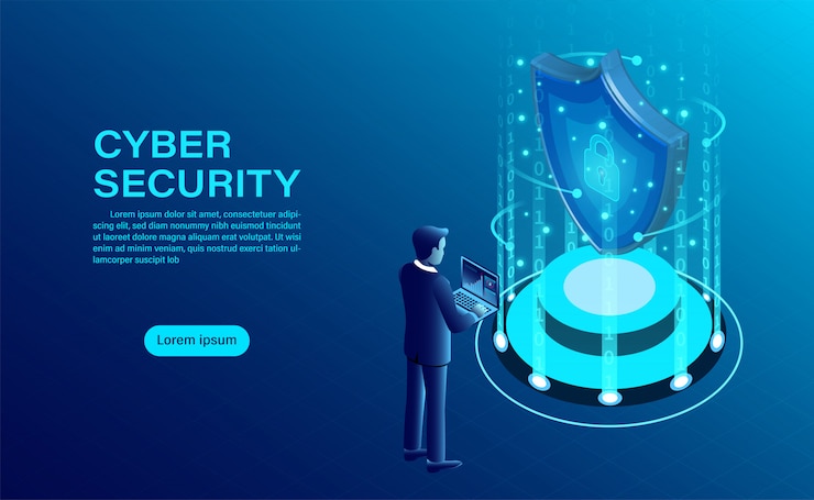 Koncepcja bezpieczeństwa cybernetycznego z biznesmenem chroni dane i poufność oraz koncepcja ochrony prywatności danych z ikoną tarczy i zamka.
