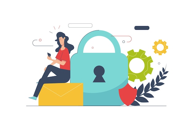 Koncepcja bezpieczeństwa cybernetycznego ze sceną ludzi w płaskiej kreskówce Kobieta korzystająca z aplikacji mobilnych z systemem ochrony dla bezpiecznych danych osobowych Ilustracja wektorowa z sytuacją postaci dla sieci