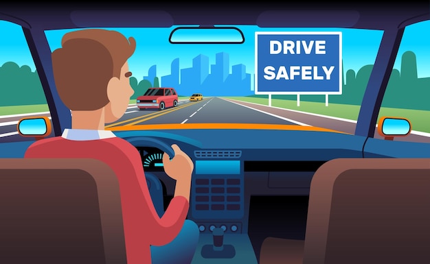 Koncepcja bezpiecznego jazdy znakiem drogowym jazdy bezpiecznie Człowiek jeżdżący po drodze samochód wnętrze postaci tylny widok kierowca w samochodzie na pustej autostradzie ilustracja wektora płaskiego kreskówki