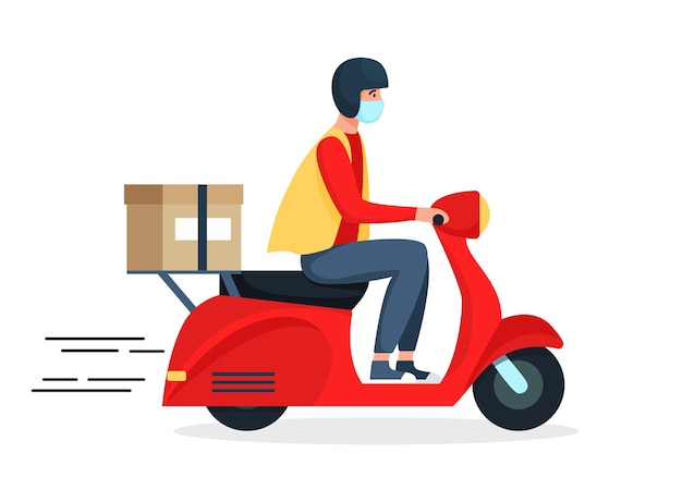 Koncepcja bezpiecznej dostawy, człowiek dostawy na czerwony skuter, motorower, motocykl. ilustracja w stylu płaski
