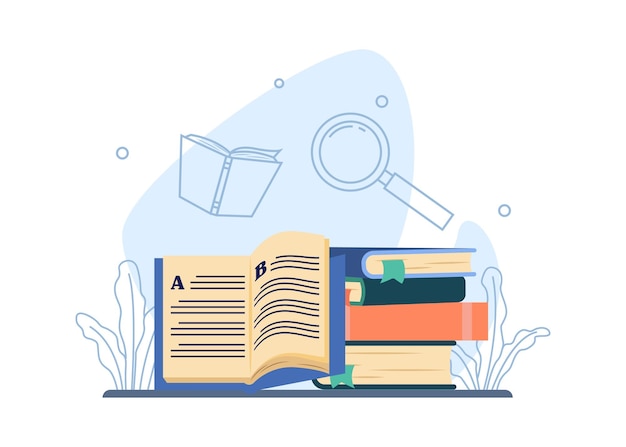 Koncepcja biblioteki otwarta książka i stos książek ikona