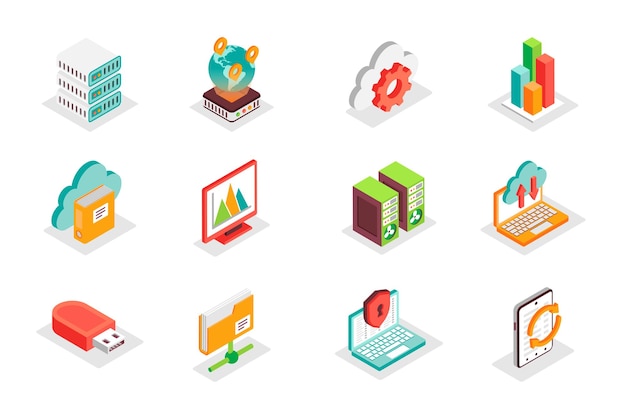 Koncepcja Big Data 3d zestaw ikon izometrycznych ilustracji wektorowych w nowoczesnym projekcie izometrycznym