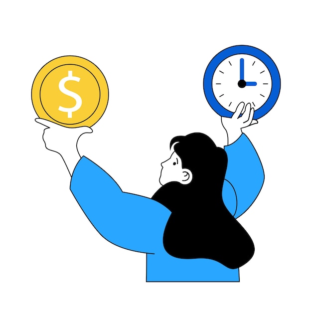 Koncepcja biznesowa z postaciami z kreskówek w płaskiej konstrukcji dla sieci web Kobieta kontrolująca terminy i zarządzanie czasem produktywności pracy Ilustracja wektorowa dla materiałów marketingowych banerów w mediach społecznościowych