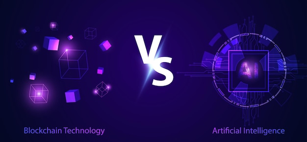 Plik wektorowy koncepcja blockchain technology vs ai porównanie między dwiema technologiami we wspólnej pracy weryfikacja tożsamości utrzymanie bezpieczeństwa sprawdź ai blockchain i spostrzeżenia iot na fioletowym futurystycznym