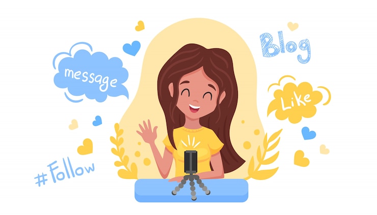 Wektor koncepcja blogowania i vlogowania. śliczna śmieszna dziewczyna tworzy treści i publikuje je w mediach społecznościowych, blogach lub vlogach. uśmiechnięta kobieta z smartphone odizolowywającym na białym tle. płaska ilustracja