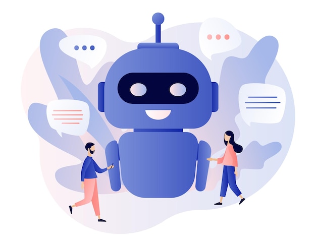 Koncepcja chatbota Malutkich ludzi rozmawiających z chatbotem Asystent robota AI Klient online