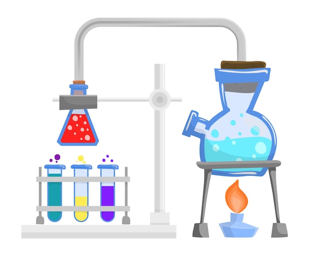 Plik wektorowy koncepcja chemii. kreskówka kolby i zlewki. sprzęt laboratoryjny. ilustracja wektorowa