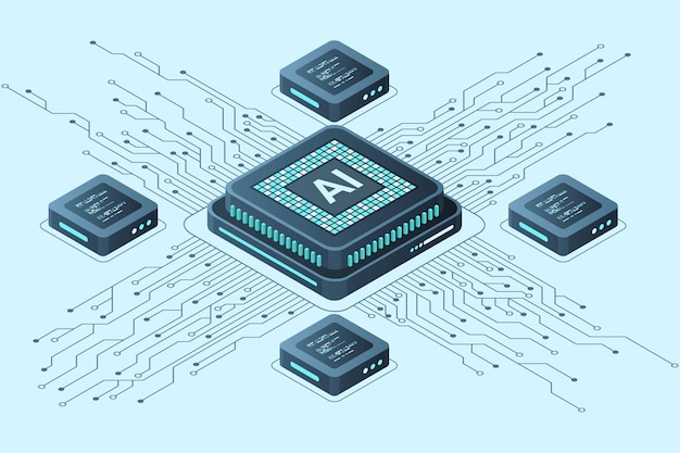 Koncepcja chipa sztucznej inteligencji izometrycznej Koncepcja sztucznej inteligencja Futuristyczny procesor mikroprocesorowy Ilustracja wektorowa
