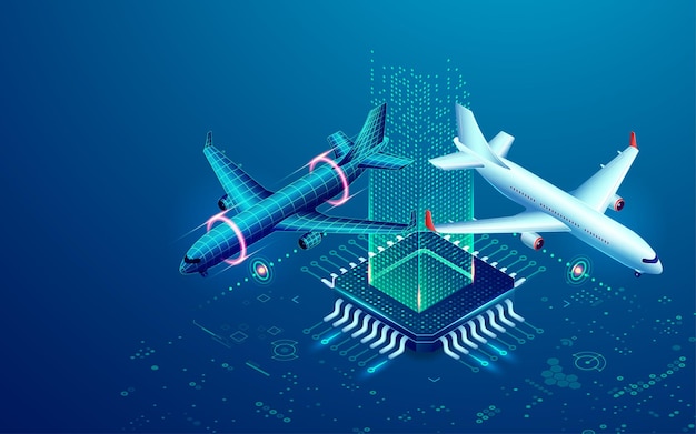 Koncepcja Cyfrowego Bliźniaka Lub Grafiki Technologii Lotniczej Mikroczipa Z Samolotem I Futurystycznym Elementem