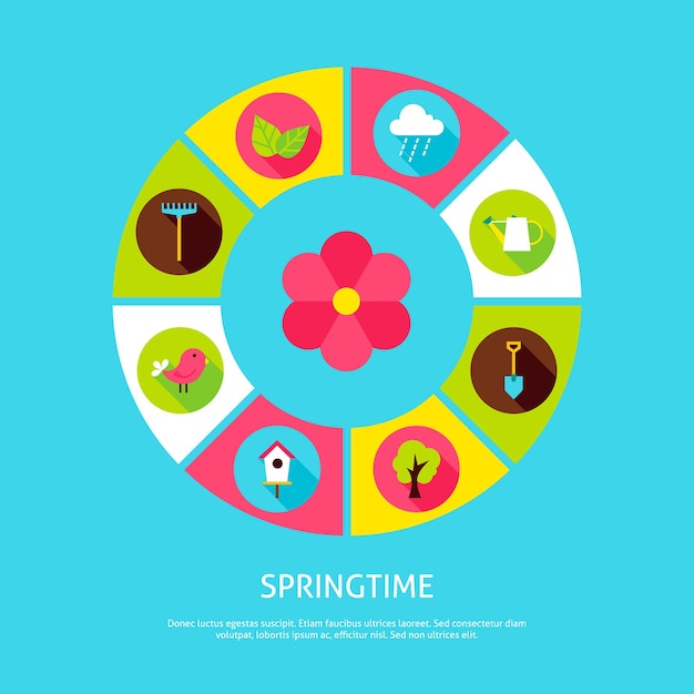 Koncepcja Czasu Wiosny. Ilustracja Wektorowa Koło Infografiki Nature Garden Z Ikonami.