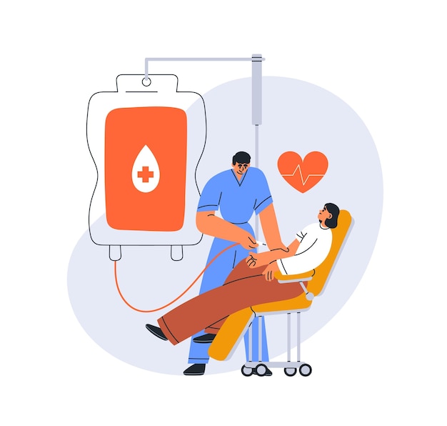 Koncepcja darowizny krwi Darowizna w szpitalu Medyczna organizacja charytatywna pomoc Pielęgniarka zbierająca krew do transfuzji w laboratorium klinicznym Płaska ilustracja wektora izolowana na białym tle