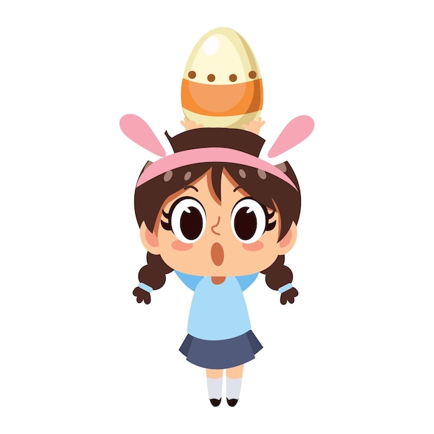 Koncepcja dnia Wielkanocywektor ilustracja ślicznej kawaii małej dziewczynki z ślicznymi uszami królika znajduje się duże jajka wielkanocne trzymają pisanki na głowie