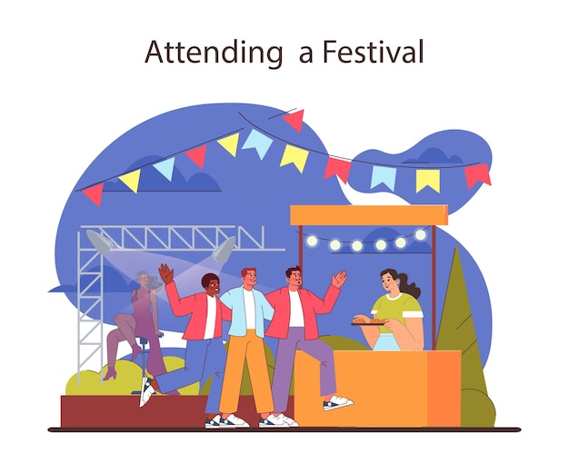 Plik wektorowy koncepcja działalności przyjaciół festiwal na świeżym powietrzu zabawa z stoiskami z jedzeniem i tańcem spotkanie towarzyskie