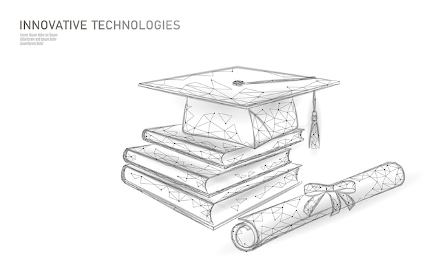 Koncepcja E-learningu Dla Odległego Programu Certyfikatów Dla Absolwentów. Niska Poli 3d Renderowania Czapka, Książki, Dyplom Wielokąta Nowoczesny Design