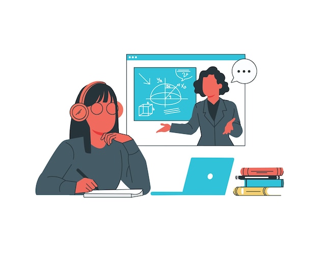 Koncepcja edukacji online Kobieta nauczycielka i uczeń na ekranie laptopa Ilustracja wektorowa