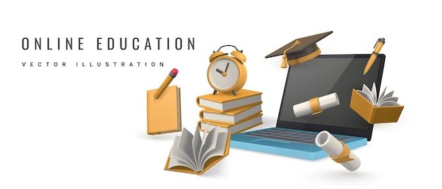 Koncepcja edukacji online Laptop z książkami ołówek budzik czapka ukończenia szkoły i dyplom ilustracja wektorowa