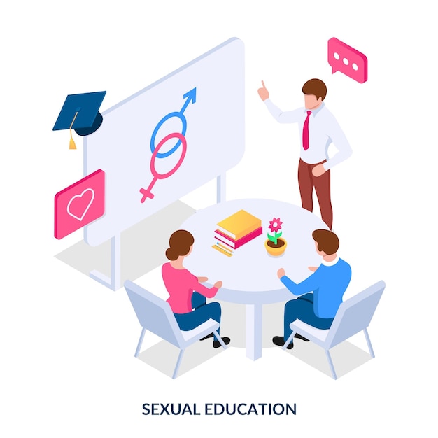 Koncepcja Edukacji Seksualnej I Zachowania Izometryczne Wektor Ilustracja Na Białym Tle