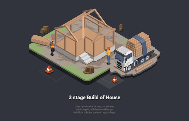 Koncepcja Etapów Budowy Domu I Prac Fundamentowych Robotnicy Budowlani Budowali ściany I Dach Domu Za Pomocą Drewnianych Belek Domek Proces Wznoszenia Budynku Izometryczny 3d Wektor Ilustracja