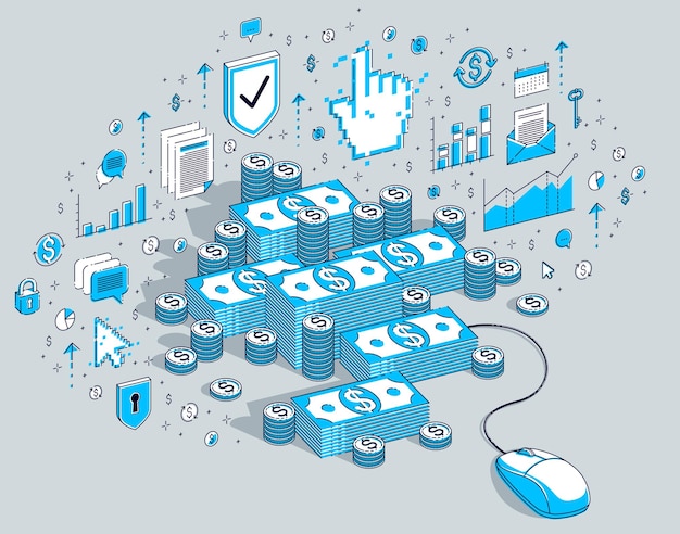 Koncepcja Finansów Online, Płatności Internetowe, Zarobki Internetowe, Bankowość Internetowa, Stosy Pieniędzy Za Pomocą Myszy Komputerowej. Izometryczne 3d Ilustracji Wektorowych Finansów Z Ikonami, Wykresami Statystyk I Elementami Projektu.