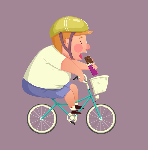 Koncepcja Fitness, Sport, Zdrowie, ćwiczenia, Trening I Styl życia - śmieszne Gruby Chłopiec Jedzie Na Rowerze I Je Czekoladę. Ilustracji Wektorowych